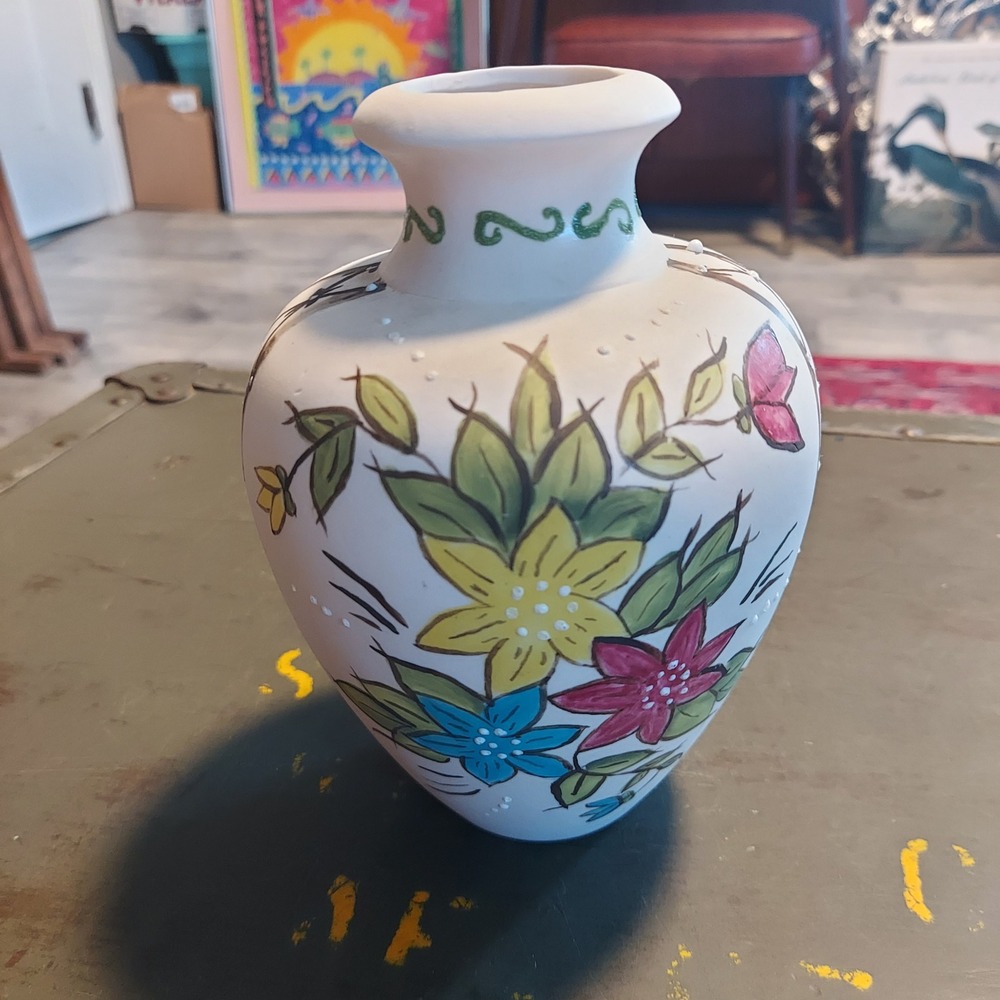 Vintage 1977 Signed Yuca Hand Painted Floral Ceramic Bud Vase White Matte 6.5"
